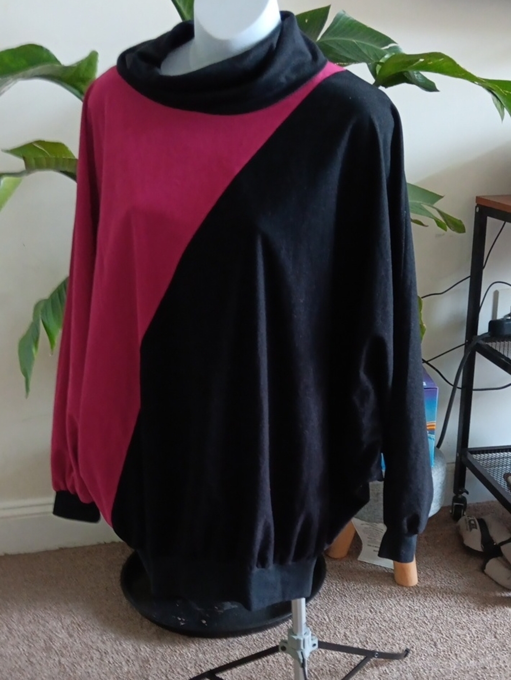 Pink & Black Colorblock Cowl Neck Sweater with Bat wings
